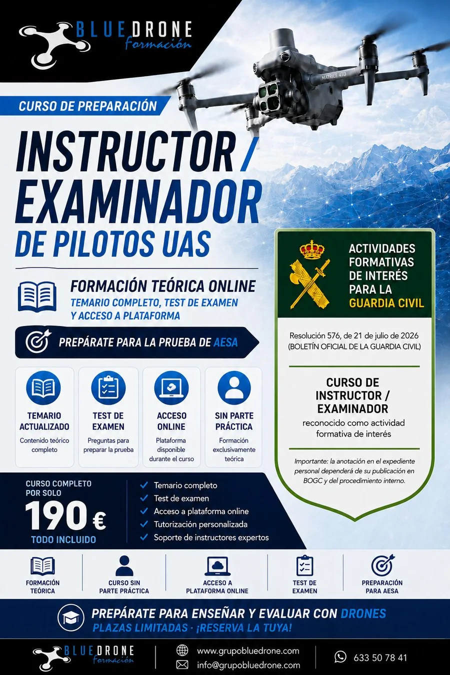 Cartel del curso de Instructor / Examinador de pilotos UAS de Bluedrone Formación